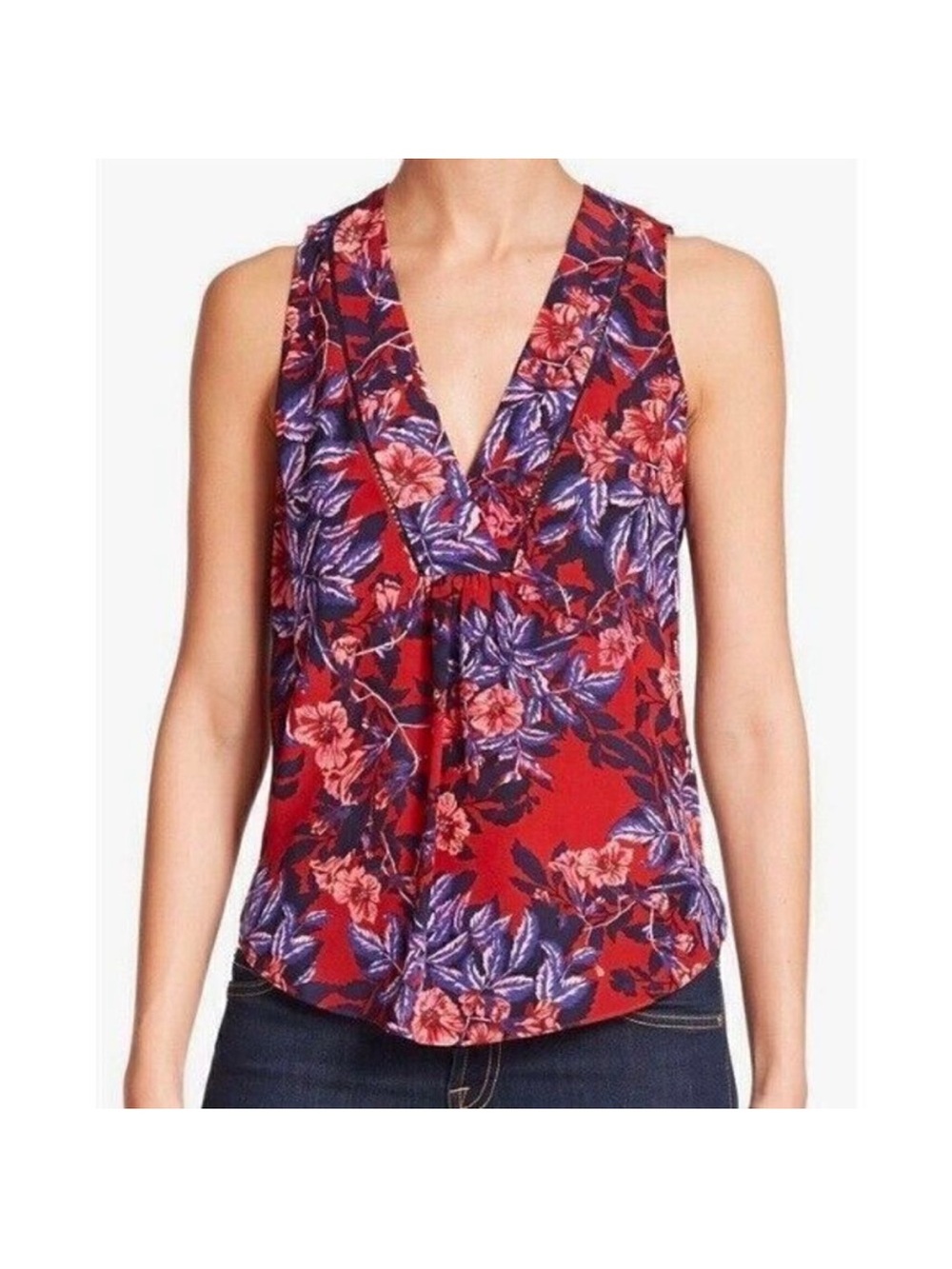 Rebecca Taylor Burnt Red Floral silk V-Neck Sleeveless top tank 8
